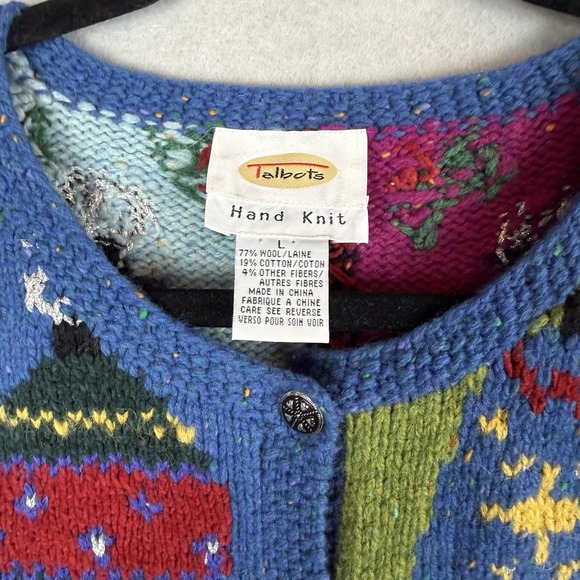 Talbots Hand Knit "Christmas Ornament" Wool Patchwork Sweater Cardigan Sz L - Picture 2 of 6